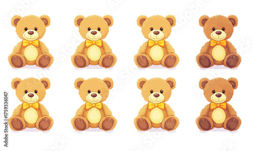 Set of eight identical cute brown teddy bears with yellow bow sitting facing forward isolated on white background flat vector illustration collection for children toy design
