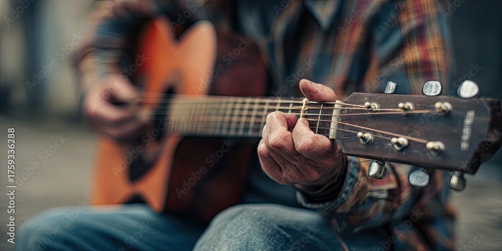 Fototapeta premium Close-up shows a musician playing an acoustic guitar, with hands on strings