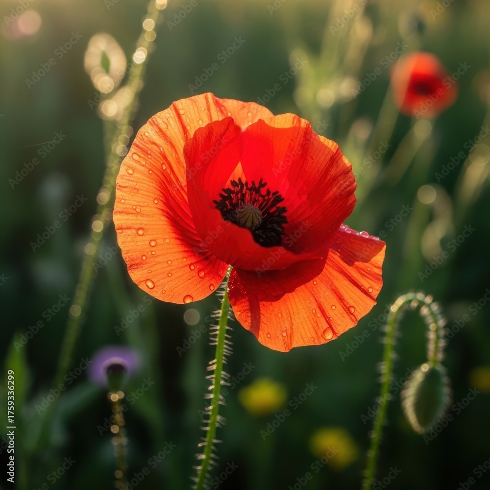 Obraz premium Radiant poppy blossom with delicate water droplets in ethereal light