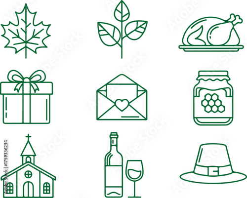 Vector art of set of nine thanksgiving icons including a maple leaf, turkey, gift, and church