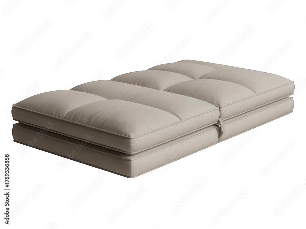 Fototapeta premium Beige fabric futon sofa bed with tufted cushions on transparent background black background image