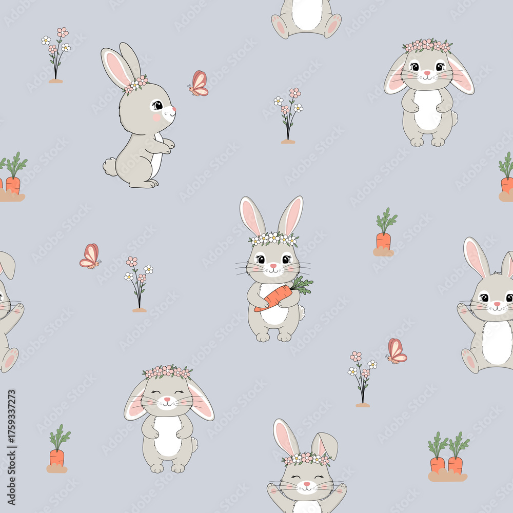 Obraz premium Bunny with crown and carrot seamless pattern. Hand-drawn cartoon style. Grey background.