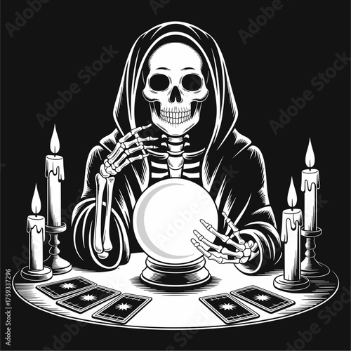 Black and white vector illustration of a skeleton fortune teller with a glowing crystal ball, tarot cards, and candles. Gothic, mysterious, elegant design on a dark background