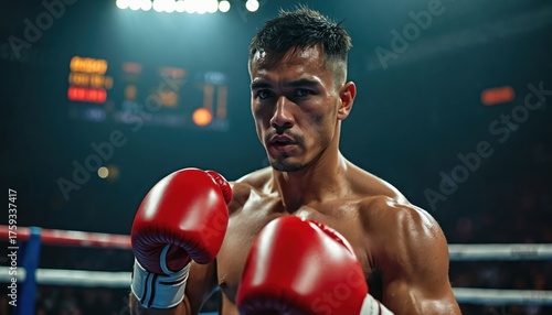 Fighter with red gloves stands ready in boxing ring. Man shows intense focus and athletic power during match. This pro boxer prepares for combat.