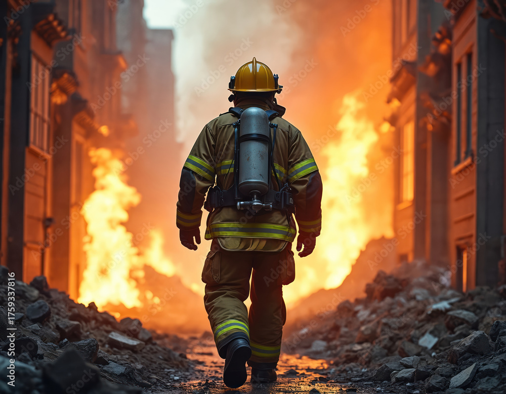Fototapeta premium Firefighter walks into burning building. Flames engulf cityscape. Heroic responder faces danger, smoke fills the air. Man in protective suit enters collapsed structure.