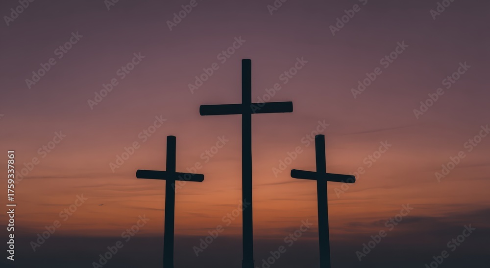 Naklejka premium Three Crosses at Sunset: Silhouette of three crosses standing tall against a vibrant sunset, representing faith, hope, and spiritual reflection. Generative Ai