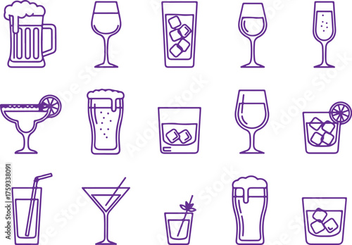 Vector art of assorted drink glasses and beverages beer, wine, cocktail, whiskey, juice, ice, garnish