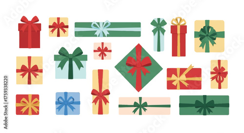Flat 2D vector illustration of variously wrapped Christmas presents and bows in red, green, and gold on a white background, ideal for holiday designs.