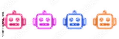 Neon glowing robot head vector icons set, futuristic technology, bot, machine, vibrant colorful outline design illustration on transparent background.