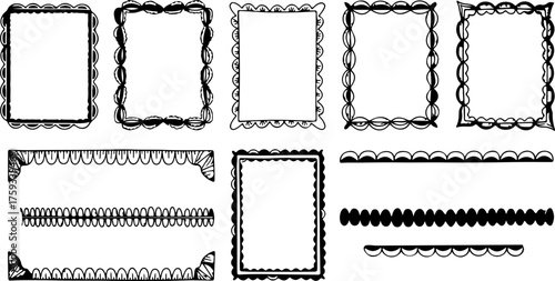 Collection of hand drawn decorative borders and frames in a sketchy black and white style