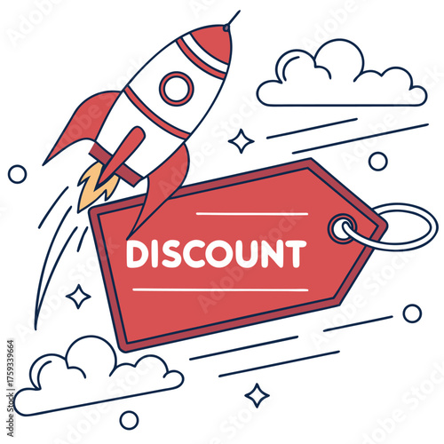 Rocket launching near a discount tag with clouds and stars in a promotional illustration style image
