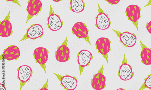 Seamless Dragon Fruit Pattern. Tropical fruits background. Tropical exotic fruit illustration perfect for fabric, wrapping paper, and packaging