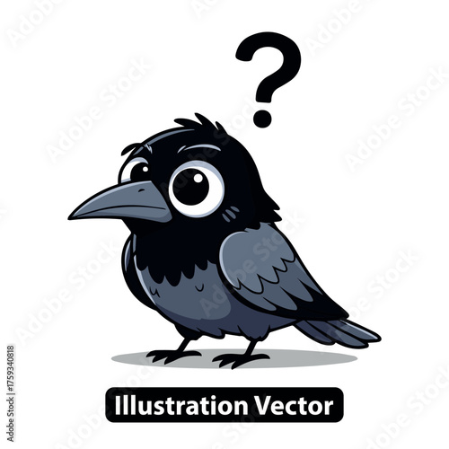 Confused Raven A Cute Illustration of a Bird with a Question Mark, Vector Design