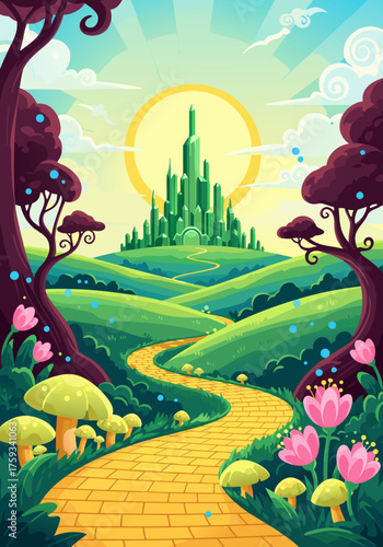 Enchanting Emerald City vista with a winding yellow brick road through a whimsical, colorful landscape under a bright sun