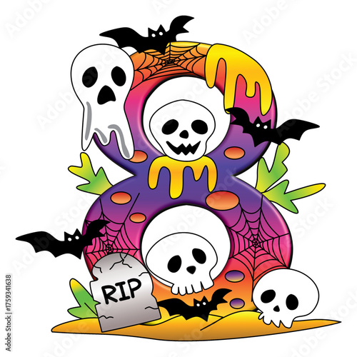 Vibrant Halloween Number Eight Vector with Ghost, Skulls, spiderweb and bat.