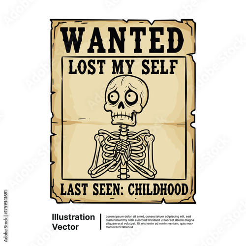 Humorous Vintage Wanted Poster Featuring a Sad Skeleton, Symbolizing a Lost Connection to Childhood Identity