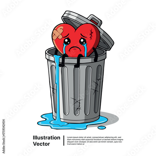 Sad Broken Heart Crying Inside Trash Can Metaphor for Grief and Emotional Pain Concept