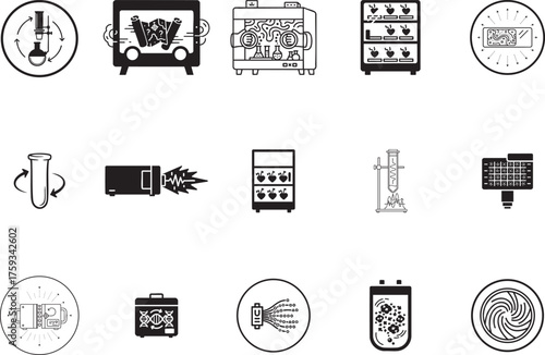 Laboratory Equipment and Technology Icons Vector Line Art Collection Including 3D Printer Incubator Thermometer and Rocket