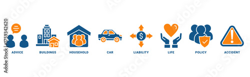 Insurance icon set vector concept with icon of advice, buildings, household, car, liability, life, policy, accident 
