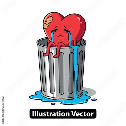 A lonely and rejected red heart character with a bandage crying sad tears inside a garbage can
