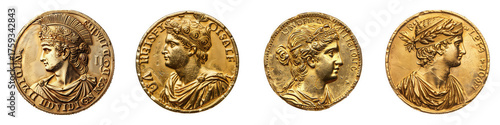 Four ancient roman gold coins with profile portraits isolated on a transparent background
