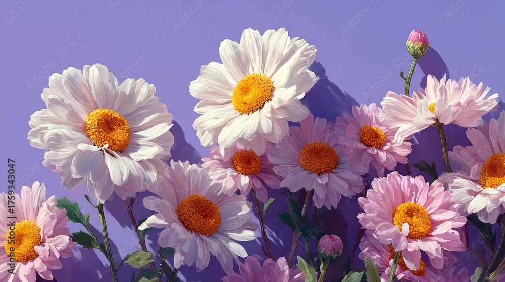 Fototapeta premium Vibrant White and Pink Daisy Flowers on Purple Background with Sunlight Shadows