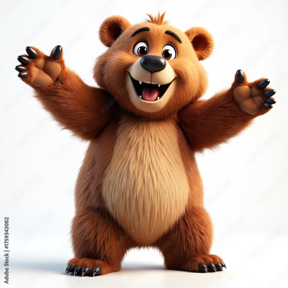 Fototapeta premium Brown furry 3D cartoon bear smiles with open arms, welcoming. Happy animal character shows teeth, tongue, standing on white background. Adorable mascot cheerful, inviting, ready for hug. Funny