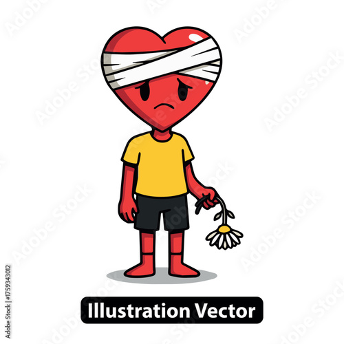 Sad Heart Character with Bandage and Wilting Flower Illustration