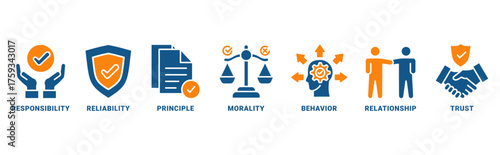 Business Ethics icon set vector concept with icon of responsibility, reliability, principle, morality, behavior, relationship, trust 