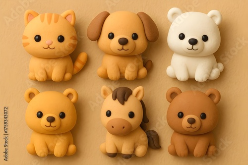 Wallpaper Mural Cute Clay Style Chibi Animal Collection — Cute Cats, Dogs, Bears, and Horses on Neutral Backgrounds Torontodigital.ca