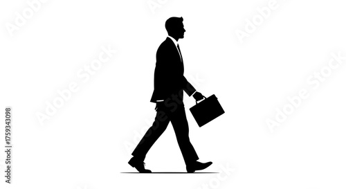 Silhouette of a professional man in a suit, walking with a briefcase. Minimalist black and white graphic