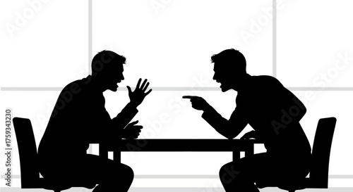 Two silhouetted men argue across a table, gesturing intensely in a stark, minimalist setting