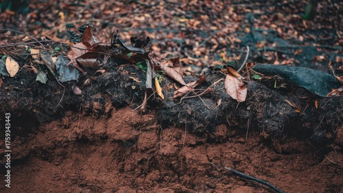 Forest floor layer of fallen leaves and soil.