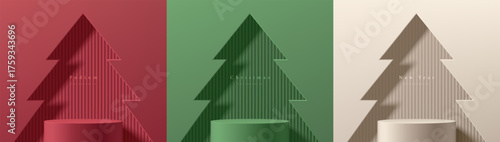 Set of 3D green, red and cream round product podium in Christmas tree window background. Abstract composition in minimalist design. 3D Studio display showroom stands pedestal, Fashion stage showcases.