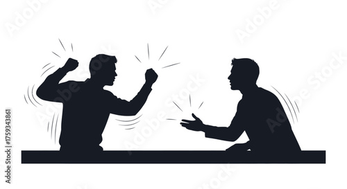 Silhouettes of two men having an intense discussion or argument with expressive hand gestures, black and white