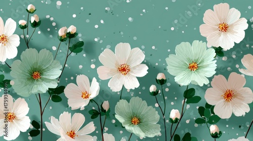 Fresh White and Mint Cosmos Flowers on Teal Background with Bokeh Effect