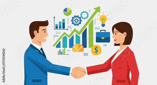 Business professionals handshake with various financial and growth icons above, symbolizing partnership and success