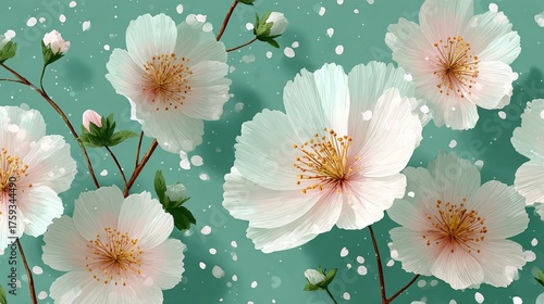 Soft White Blossoms and Falling Petals on Serene Teal Background
