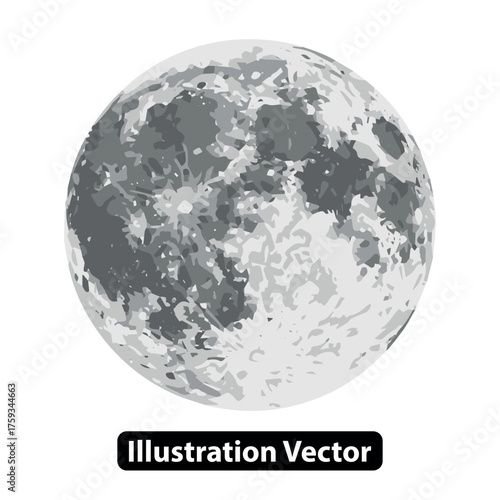 Detailed Illustration of a Full Moon with Craters and Surface Details Against a White Background