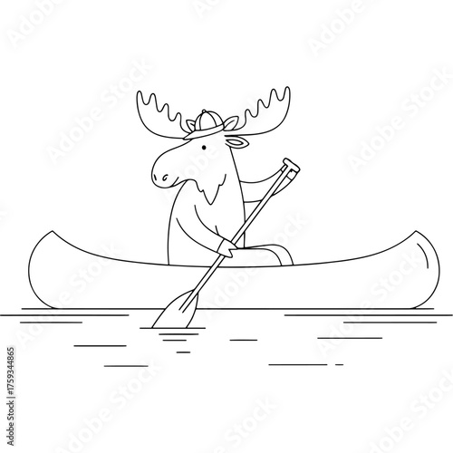 Vector illustration of a moose canoeing on a calm lake. Suitable for creative mascot or t-shirt design. Nature and summer vacation concept. Black and white outline art.