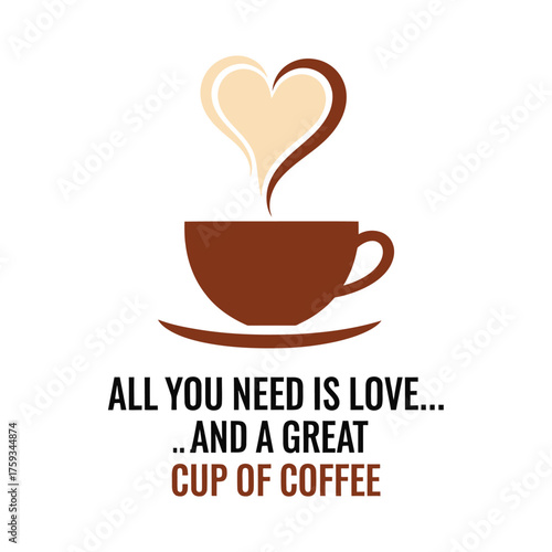 Coffee cup with heart shaped steam and text saucer