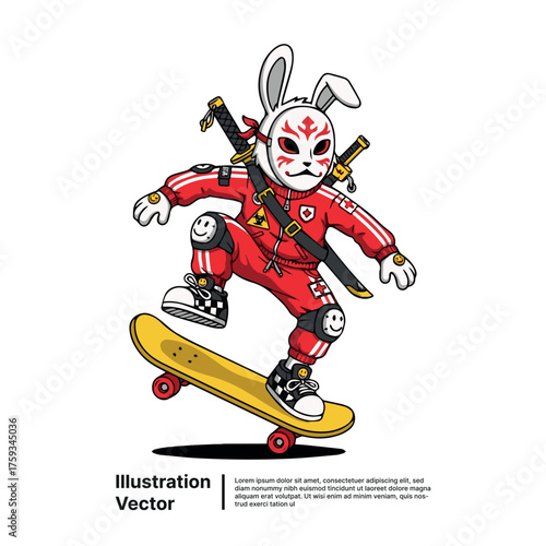 Stylized Urban Rabbit Illustration with Traditional Mask and Katanas Riding Skateboard Dynamically