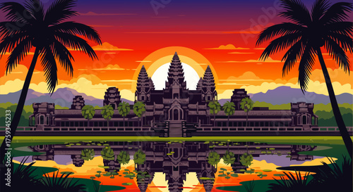 Retro 8-bit landscape of a historic Khmer temple silhouette during a vibrant tropical sunrise, framed by palm trees with a water reflection