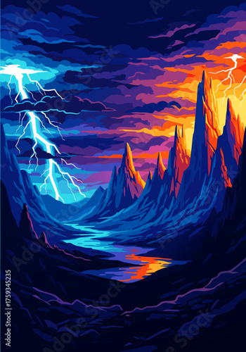 Spectacular Mountain Landscape with Striking Lightning Storm and Vibrant Sky Reflections