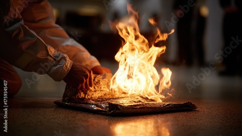 Hand igniting flames on foil, symbolizing ritual and transformative processes. Use for conveying themes like change, passion, or destructive, purifying actions.