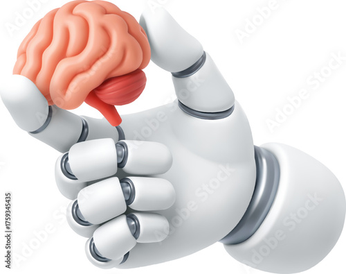 3D Vector Robot Hand Holding Brain Symbolizing Artificial Intelligence and Innovation