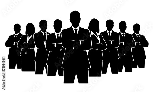 A black silhouette of a group of executives standing confidently with crossed arms. Perfect for corporate, leadership, business, teamwork, office designs, posters, digital artwork, and presentations.
