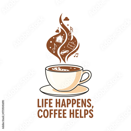Coffee cup with life symbols rising saucer steam