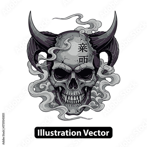 Skull with demonic horns and smoky accents, a gothic illustration, ideal for tattoos or designs