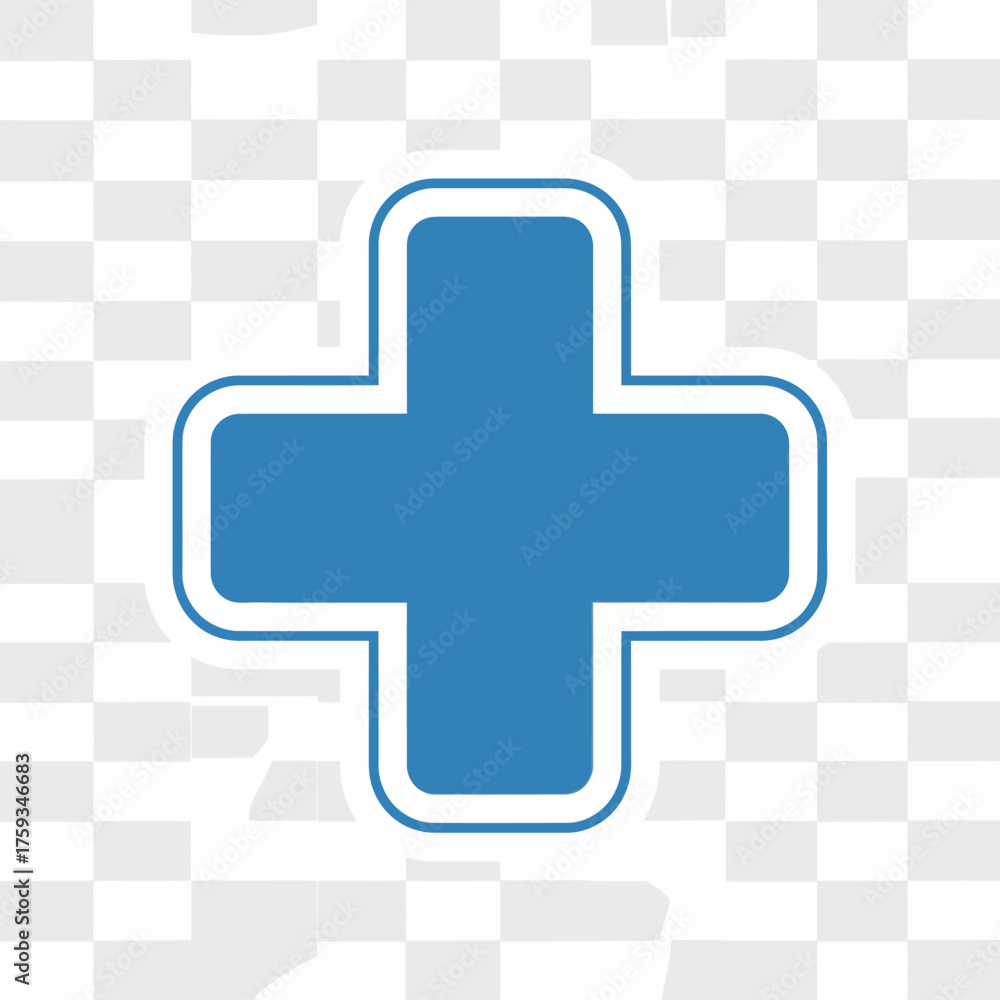 Obraz premium A vibrant blue medical cross icon, meticulously designed with a white border, signifying healthcare and emergency services on a transparent background.